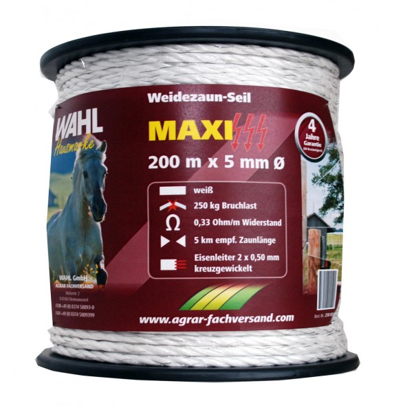 WAHL-Hausmarke Weidezaunseil - MAXI, weiß - 5 mm / 200m WAHL-Hausmarke Weidezaunseil - MAXI, weiß - 5 mm / 200m