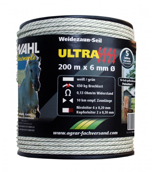 WAHL-Hausmarke Weidezaunseil - ULTRA - 6 mm / 200 m WAHL-Hausmarke Weidezaunseil - ULTRA - 6 mm / 200 m